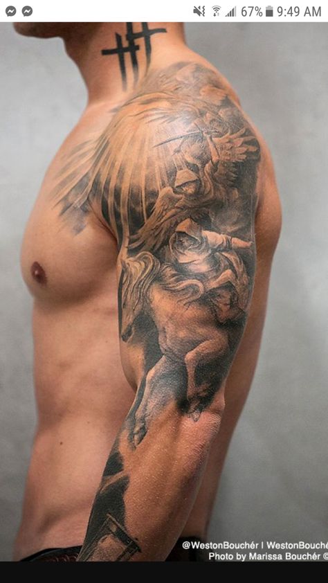 Chest And Upper Arm Tattoo, Arm Sleeve Realism, Full Upper Arm Tattoo, Roman Shoulder Tattoo, Shoulder Tattoo Men Greek Mythology, Tattoo On Traps Muscle, Sholdertatoos Man, Left Shoulder Tattoo For Men, Realism Shoulder Tattoo