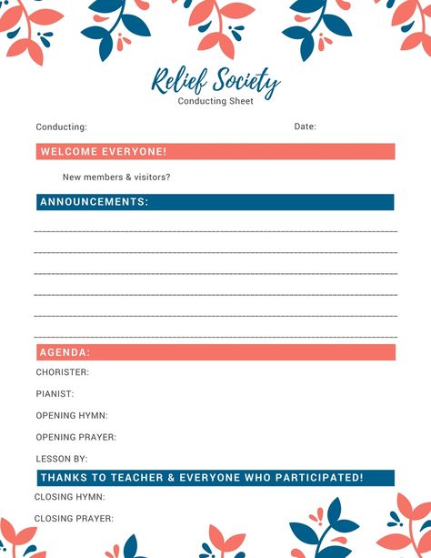 Relief Society Conducting Sheet Template. Free Printable.  #LDS #reliefsociety #conductingsheet #freeprintable Lds Relief Society Conducting Sheet, Relief Society Agenda Templates, Relief Society Conducting Sheet Free 2023, Relief Society Presidency Meeting Agenda Free Printables, Relief Society Conducting Sheet Free, Relief Society Conducting Sheet, Relief Society Birthday Gifts, Relief Society Quotes, Church Youth Activities