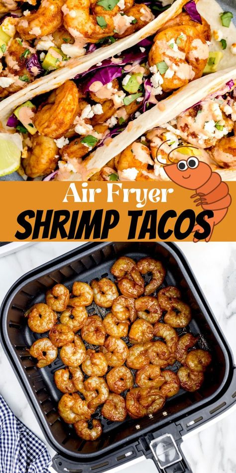 Shrimp Tacos Easy Air Fryer, Air Fryer Shrimp Quesadilla, Air Fry Shrimp Tacos, Shrimp Tacos Air Fryer Recipes, Air Fryer Shrimp And Sausage, Dual Air Fryer Meals, Airfryer Shrimp Tacos, Bang Bang Shrimp Tacos Air Fryer, Easy Summer Dinners Air Fryer