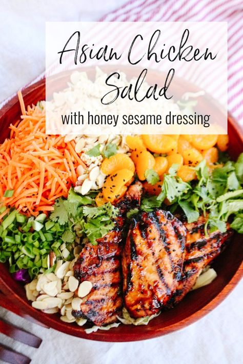 Asian Chicken Salad has grilled Teriyaki chicken, bright honey sesame dressing and crunchy ramen noodles! This recipe is the healthy dinner salad glow-up you need. Salad With Teriyaki Chicken, Chicken Teriyaki Salad, Asian Chicken Salad Recipe, Teriyaki Chicken Salad, Fire Recipes, Chicken Salad Dressing, Healthy Dinner Salads, Asian Chicken Salad, Salad Dressing Recipes Healthy