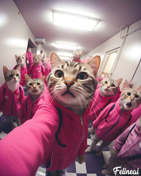 This photo is an ai generated funny cats art photo of cats huddled up in pink hoodies grabbing camera that can be used as a cat wallpaper or cat pfp cat art Cats Too Close To The Camera, Cat Taking Selfies Wallpaper, Cat Looking At Camera, Cat Looking Into Camera, Cat Looking Up At Camera, Pink Hoodies, Pfp Cat, Group Of Cats, Pink Kitty