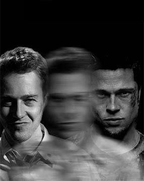 This picture shows the transformation between the narrator, Jack, and his alter ego tyler. Tyler Durden And The Narrator, The Narrator And Tyler Durden, The Narrator X Tyler Durden, Tyler And The Narrator, Tyler Durden Narrator, Tyler Durden X Narrator, Tyler Durden And Narrator, You Serie, Alter Ego Photos