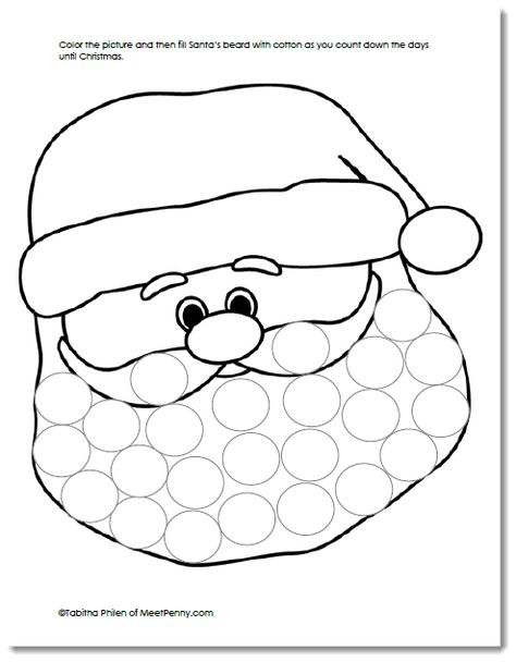 Countdown to Christmas or just have fun filling Santa's beard with cotton balls. A free printable. Cotton Ball Santa Beard, Santa Cotton Ball Craft, Santa Claus Activities For Toddlers, Cotton Ball Santa, Santa Claus Crafts For Kids, December Newsletter, Santa Beard, Santa Crafts, Christmas Kindergarten