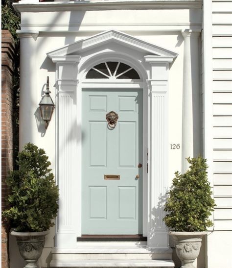 Palladian Blue Benjamin Moore Front Door, Palladium Blue Benjamin Moore, Paladian Blue, Home Color Schemes Exterior, Home Makeover Exterior, Exterior Home Color Schemes, Woodlawn Blue Benjamin Moore, Blue Benjamin Moore, Palladian Blue Benjamin Moore