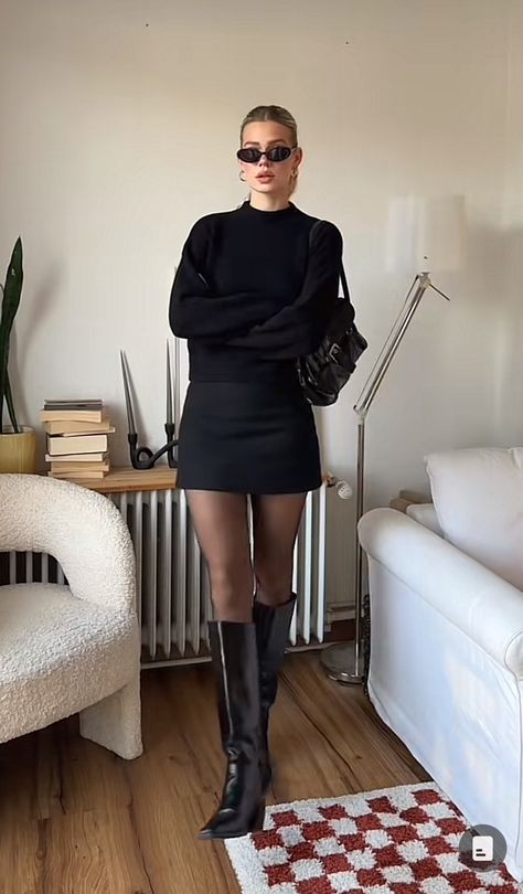 Skirt And Opaque Tights Outfit, Fall Fashion Knee High Boots, Little Black Dress Fall, Knitted Mini Dress Outfit, Formal Chic Outfit Women, Nyc Fall Dinner Outfit, Fall Fashion Going Out, Fall Outfits With Long Black Boots, Tights With Heels Outfit