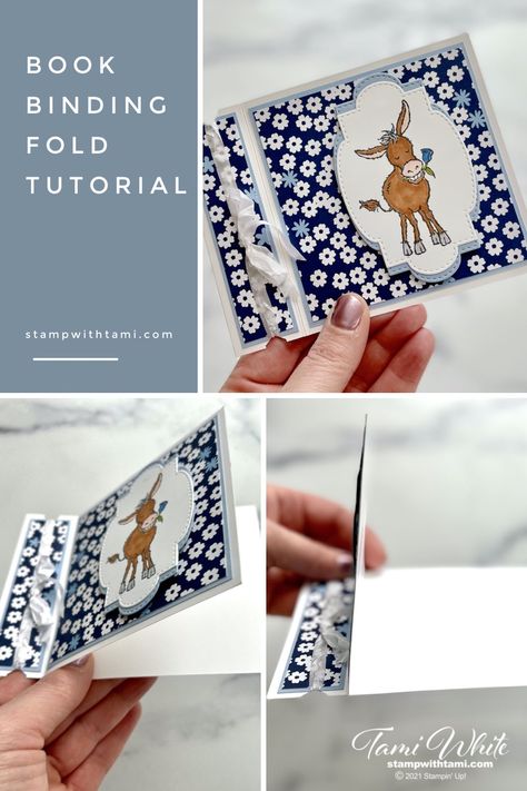 Book Binding Fun Fold Card Tutorial, Book Bind Card Fold, Stampin Up Book Fold Card, Book Fold Card Tutorial, Stampin With Tami White, Book Cards Tutorial, Book Binding Card Tutorial, Book Binding Cards Tutorial, Book Binding Fun Fold Cards