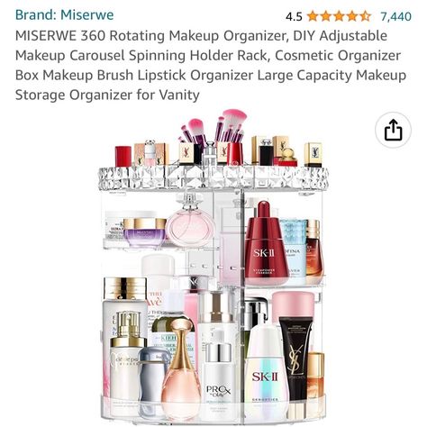 MISERWE 360 Rotating Makeup Organizer, DIY Adjustable Makeup Carousel Spinning Holder Rack, Cosmetic Organizer Box Makeup Brush Lipstick Organizer Large Capacity Makeup Storage Organizer for Vanity. For skin care or make up have it in the corner of your counter and everything you need quick to see and grab get yours today! Link attached. Also available in pink, blue clear and white! Makeup Carousel, Makeup Organizer Diy, Makeup Organizer Countertop, Makeup Caddy, Rotating Makeup Organizer, Makeup Stand, Lipstick Organizer, Organizer Diy, Makeup Storage Organization