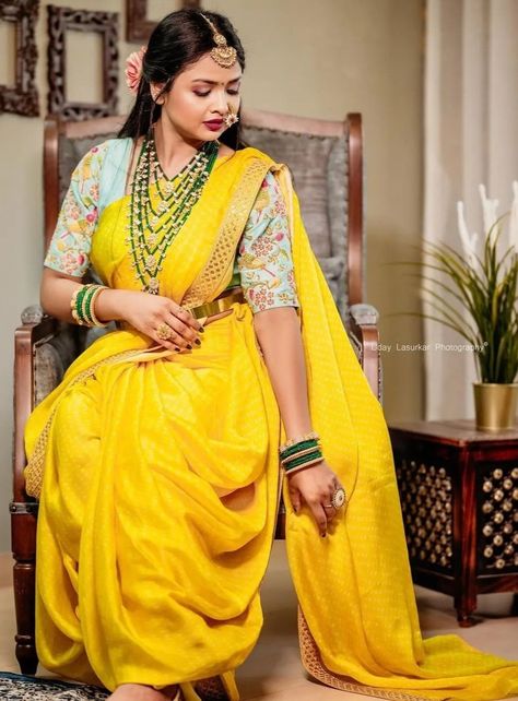 Haldi Outfits, Pre Wedding Photoshoot Outfit, Nauvari Saree, Couple Wedding Dress, Latest Bridal Dresses, South Indian Sarees, Kurta Neck Design, Indian Fashion Saree, Yellow Saree