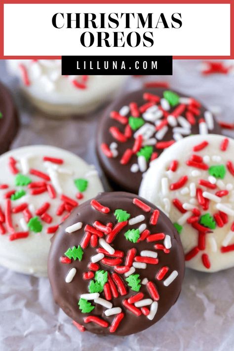 Classic Christmas Oreos dipped in milk or white chocolate and topped with festive sprinkles make for a decadent treat! #christmasoreos #christmas #oreos #chocolate #whitechocolate #treat Dipped Oreos Christmas, Christmas Oreos, Decorated Oreos, Peppermint Oreos, Cake Pucks, White Chocolate Oreos, Christmas Dip, Oreo Treats, Candy Wafers