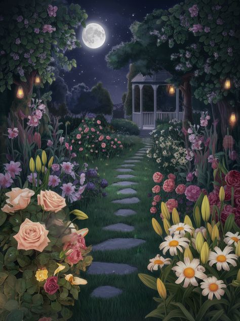 Transform your garden into a magical retreat! 🌙✨ A moonlit path to a cozy gazebo is just what you need for serene evenings.   Share this post if you dream of creating your own enchanted garden oasis! 🌸🌿 #GardenBliss . #homeandgarden #betterhomesandgardens #homegardening #homesandgardens #homegarden #gardenhome #gardeningathome #flowers #plants #beautifulflowers Garden Party Painting, Cozy Gazebo, Moonlit Path, Willow Garden, Fantasy Garden, Garden Art Projects, Garden Oasis, Enchanted Garden, Flowers Plants