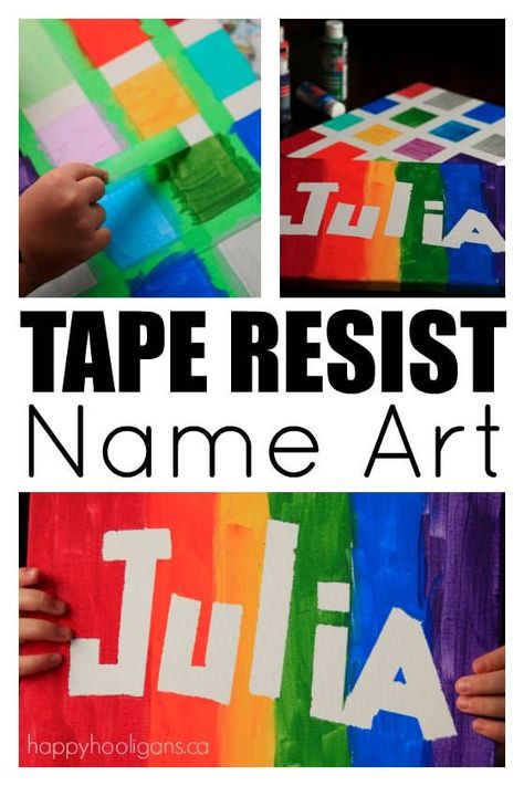 Tape Resist Name Art - Easy art with a huge WOW factor!  Good art project for toddlers, preschoolers, teens and tweens.  Everybody loves this process! - Happy Hooligans Happy Hooligans, Arts And Crafts For Teens, Toddler Art Projects, Easy Art Projects, Easy Arts And Crafts, Easy Art, Art Easy, Toddler Art, Camping Crafts