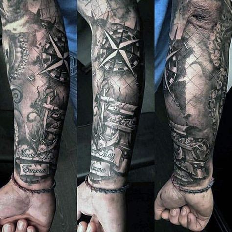 Nautical Themed Tattoos, Tattoo Sleeve Themes, Sea Tattoo Sleeve, Ship Tattoo Sleeves, Nautical Sleeve, Ocean Sleeve Tattoos, Nautical Tattoo Sleeve, Ocean Sleeve, Sleeve Tattoos For Men