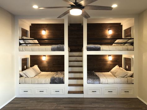 Basement Built In Bunk Beds, Custom Full Bunk Beds, Double Bunks Built In, Twin Bed Bunk Room, Bunk Bed With Full Size Bed, Four Person Bunk Bed, 4 Bed Bunk Bed Built Ins, Bunk Bed Full Over Full, Built In 4 Bunk Beds With Stairs