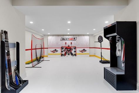 Hockey Training Room, Hockey Playroom, Hockey Garage, Sports Playroom, Basement Hockey, Hockey Basement, Hunters Bedroom, Hockey Themed Room, Hockey Shot