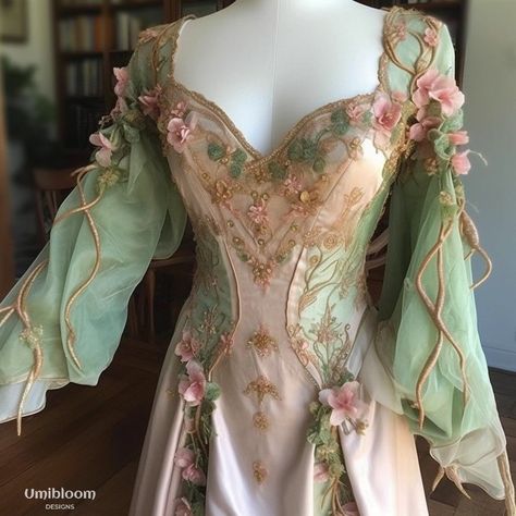 Fairy dresses by unibloom Titiana Queen Of The Fairies, Fantasy Spring Dress, Spring Court Fashion Acotar, Nature Goddess Dress, Green Fairy Dresses, Whimsical Fairy Dress, Farie Dresses, Fantasy Nature Dress, Enchanted Forest Dresses