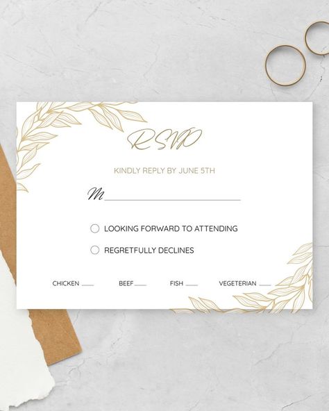 Use the Golden Wedding RSVP Card to make your own unique RSVP cards or send online. Enjoy the professionally-designed collection of the stylish postcards templates. The text on this template is editable and can be easily customized via online editor that’s available for free via your internet browser. #wedding #cards #template #rsvp Wedding Cards Template, Wedding Rsvp Card, Postcard Template, Card Templates Free, Golden Wedding, Rsvp Wedding Cards, Wedding Rsvp, Rsvp Card, Card Template