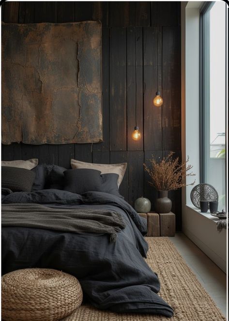 Earthy Tone Bedding, Charcoal Grey Bedding Ideas, Charcoal And Brown Bedroom, Charcoal Bedding Styling, Moody Gray Bedroom, Dark Gray Bedding Ideas, Charcoal Grey Bedroom Ideas, Grey And Wood Bedroom Ideas, Charcoal Grey Bedroom