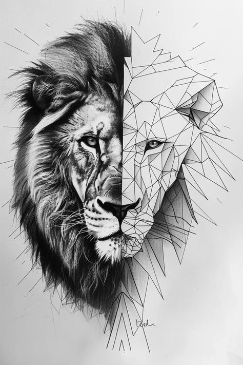 The image is a black and white drawing of a lion. The left half of the lion is realistic, with fur and a mane ->> more details in ai-img-gen.com Geometric Lion Drawing, Realistic Lion Drawing, Drawing Of A Lion, Geometric Lion, Lion Drawing, Lines And Shapes, Lion Images, White Drawing, Art Diary