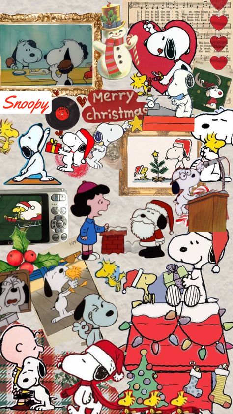 Snoopy Collage Wallpaper, Peanuts Christmas Wallpaper, Snoppy Wallpapers Iphone, Christmas Wallpaper Snoopy, Snoopy Christmas Aesthetic, Snoopy Wallpaper Christmas, Snoopy Christmas Images, Snoopy Collage, Snoopy Christmas Wallpaper