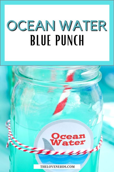 A simple yet flavorful Ocean Water Blue Punch! This large batch punch recipe is the perfect addition to any blue colored parties, such as a summer shark party! Blue Ocean Water Drink, Blue Hawaiian Punch Recipe Alcohol, Alcholic Drinks For A Party In A Pitcher Punch Bowls, Blue Punch For Kids, Ocean Water Alcoholic Drink, Pond Water Punch Recipe, Teal Punch Recipe, Ocean Water Drink Recipe, Blue Party Punch Non Alcoholic