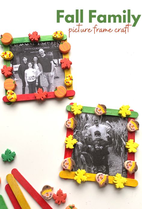 Family Picture Frame Craft - No Time For Flash Cards Thanksgiving Frame Craft, Family Picture Craft Preschool, Pumpkin Picture Frame, Fall Picture Frame Crafts, Family Crafts For Preschoolers, Pumpkin Frame Craft, Family Crafts For Toddlers, Family Crafts Preschool, Popsicle Stick Picture Frame