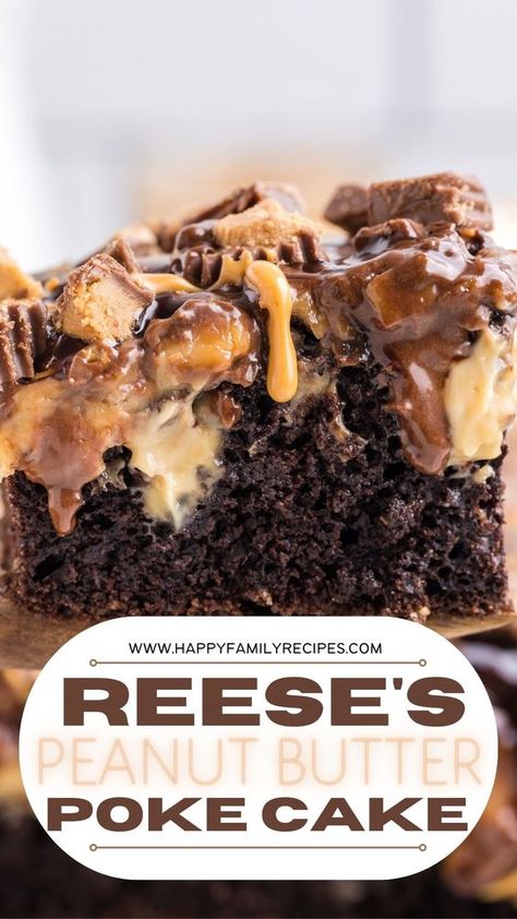 Reese Peanut Butter Poke Cake, Best Reeses Desserts, Reese Poke Cake Recipes, Reese’s Pb Poke Cake, Reese’s Bundt Cake, Reeses Peanut Butter Poke Cake Recipe, Reeses Poke Cake Easy, Round Poke Cake, Reese’s Poke Cake Recipe