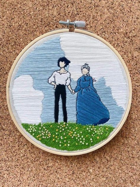 Howls Moving Castle Embroidery Pattern, Howl's Moving Castle Embroidery, Geology Embroidery, Diy Howls Moving Castle, Howls Moving Castle Painting Easy, Howls Moving Castle Craft, Embroidery Inspiration Aesthetic, Howls Moving Castle Cross Stitch, Howls Moving Castle Embroidery