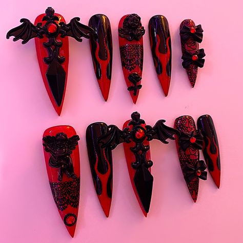 Succubus Nails, Nail Model, Cowboy Nails, Long Red Nails, Junk Nails, Black Deck, Gothic Nails, Nail Time, Edgy Nails