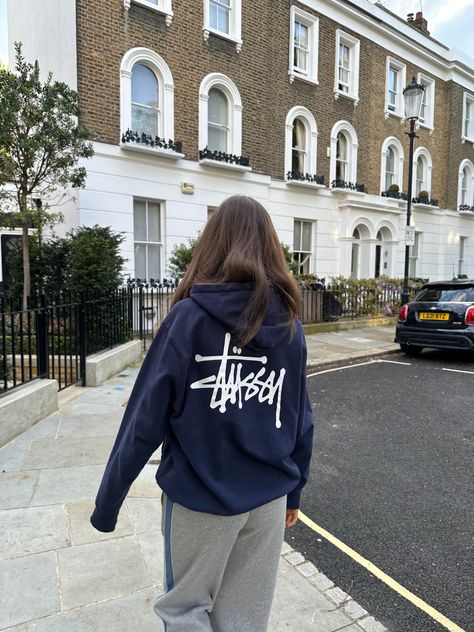 #stussy #stussyhoodie #fashion #londonaesthetic #kingsroad Navy Blue Stussy Hoodie, Navy Stussy Hoodie Outfit, Stussy Outfits Woman, Navy Stussy Hoodie, Navy Hoodie Aesthetic, Grey Stussy Hoodie Outfit, Stussy Hoodie Outfit Women, Stussy Hoodie Aesthetic, Stussy Outfit Woman