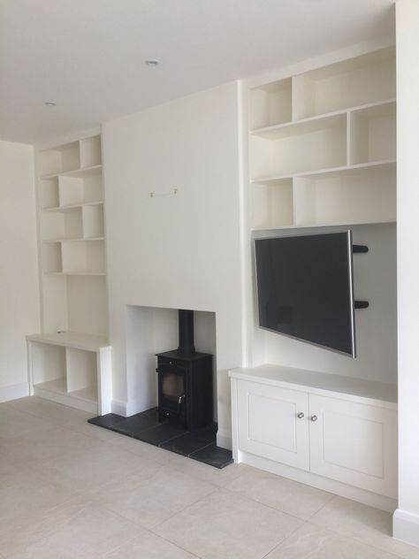 White Built In Tv Cabinet, Alcove Shelves With Tv, Built In Tv Cabinet Alcove, Alcove With Tv And Shelves, Tv Cabinet Alcove, Alcove Storage Tv, Tv Wall Alcove, Tv In Shelves, Victorian Living Room Tv Ideas