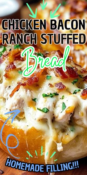 Chicken Bacon Ranch Stuffed Bread Chicken Bacon Ranch Bread Boat, Chicken Bacon Ranch French Bread, Chicken Bacon Ranch Bread, Chicken Loaf, Creamy Ranch Dressing, Stuffed Bread, Chicken Crispy, Creamy Ranch, Sandwich Shop