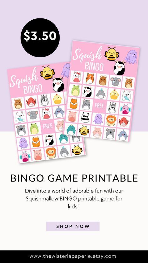 Dive into a world of adorable fun with our "Squish BINGO" printable game for kids! Featuring irresistibly cute animals, this delightful bingo game promises endless joy for little ones as they explore the charm of squishy, cuddly creatures - just like the ones they own at home! Embrace the cuteness with 30 unique bingo cards adorned with the most charming and squish-worthy animals! #squishmallow #bingo #kids #printable #birthday #game #animals Squishmallow Bingo, Squishmallows Party, Squishmallow Party, Camping Bingo, Custom Bingo Cards, Bingo Books, Road Trip Bingo, Summer Bingo, Free Printable Bingo Cards