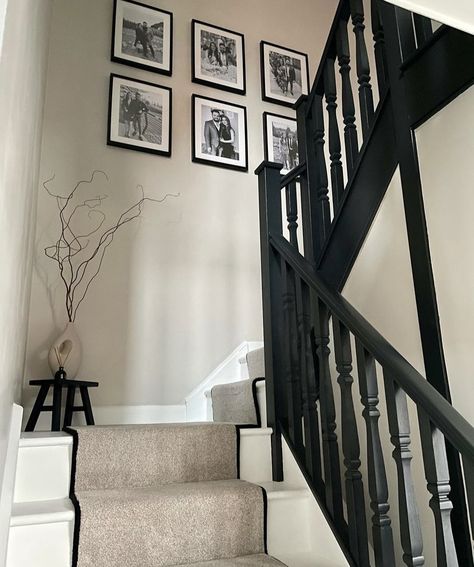 Corner Of Hallway Ideas, Cream And Black Staircase, Black Banister Hallway, Beige And Black Stairs, Black And White Hall Stairs And Landing, Egyptian Cotton And Black Hallway, Hallway Ideas Black Bannister, Neutral And Black Hallway, Taupe Staircase