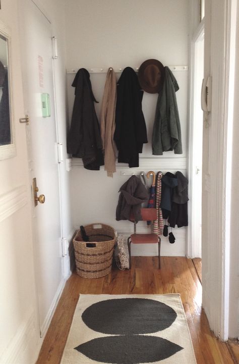 Coat Rack Small Space, Entryway Decor Hooks, Eclectic Mudroom Entryway, Small Entryway Hooks, Entry With Hooks, Toddler Coat And Shoe Area, Toddler Coat And Shoe Storage, Coat Hooks Entryway Small Spaces, Montessori Hallway