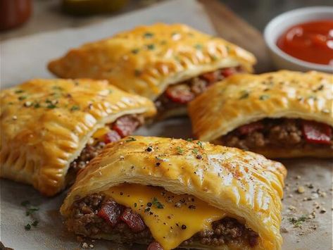 Burger Pockets, Cheeseburger Pockets, Pepperoni Bread Recipe, Easy Mexican Cornbread, Mexican Cornbread Casserole Recipe, Turkey Bacon Recipes, Cheese Pockets, Cheesy Burger, Banana Split Dessert Recipes