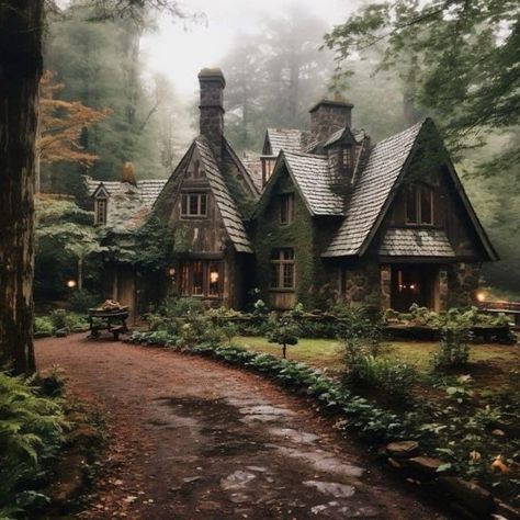 Cottage Ore House, Magical Forest Cottage, Woodland House Aesthetic, Witch’s Cottage, Fairytale Cottage Exterior, Cottages Aesthetic, Cottage Aesthetic House, Cottage In The Woods Fairytale, Cottage In The Woods Aesthetic