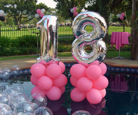 Large 3Ft Foil number top these air filled centerpieces. Can be used on tables or they will alos float in a pool! "Party Rentals" "PJs Rentals" "Rental Images" "Party Equipment" "Event Rentals" "Balloon Delivery" "Balloon Decor" "Balloon Arches" "Balloon Columns" "Balloon Centerpieces" Masquerade Centerpieces, Number Top, Pool Party Decorations, Pool Birthday, Flamingo Birthday, Birthday Centerpieces, Birthday Balloon Decorations, Pool Birthday Party, Custom Balloons