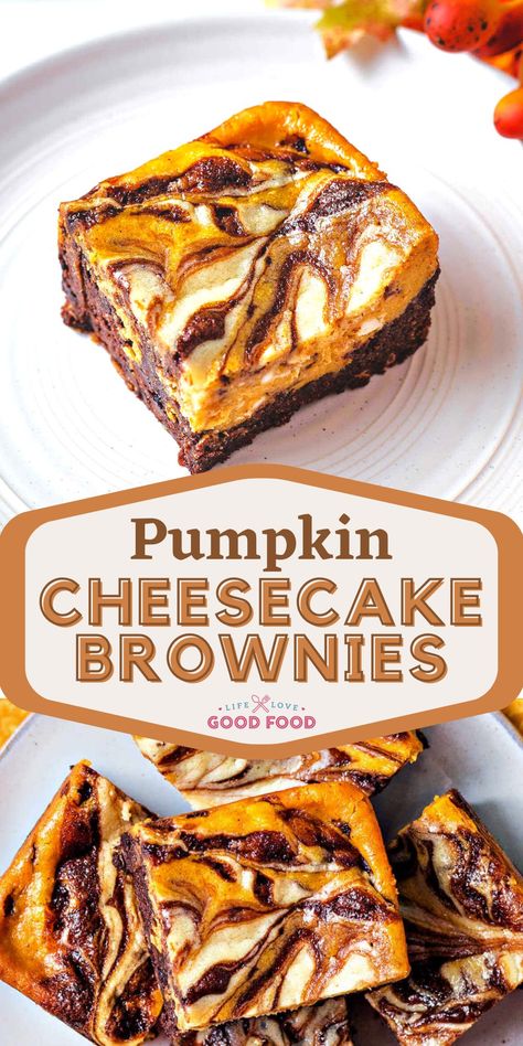 Pumpkin Brownie Cheesecakes are picture-perfect with their orange and white cheesecake layers swirled into gooey, chocolatey brownies! Just in time for the fall season are these delicious Pumpkin Cheesecake Brownies — pure heaven! Fall Recipes Baked Goods, Brownie Bottom Pumpkin Cheesecake, Fall Decorated Brownies, Fall Dessert Recipes Cheesecake, Fall Desserts Cheesecake, Festive Fall Desserts, Brownie Pumpkin Recipe, Pumpkin Cream Cheese Brownies, Fall Dessert Box Ideas