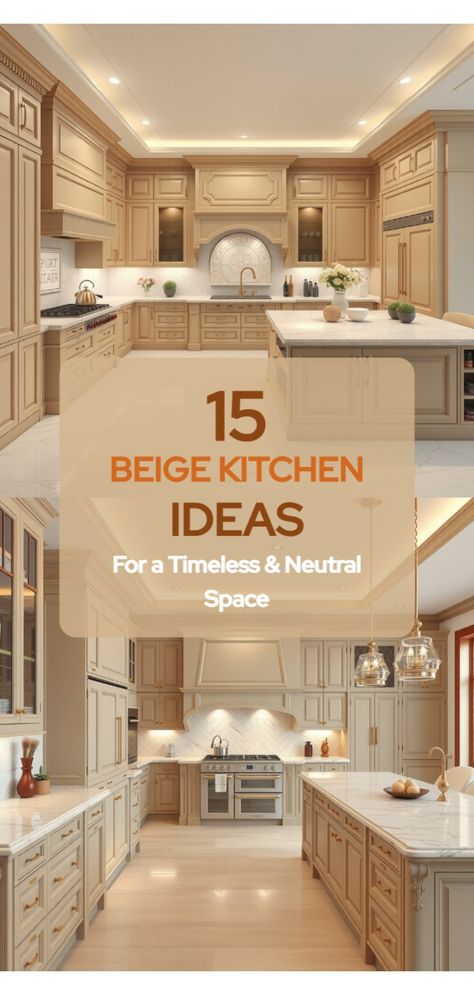 beige kitchen ideas Beige Kitchen With White Countertops, Beige Floor Tiles Kitchen, Backsplash Kitchen Beige Cabinets, Kitchen Beige Countertops, Kitchen With Beige Tile Floor, Neutral Kitchen Wall Colors, Kitchen Beige Cabinets, Beige And Wood Kitchen, Beige Kitchen Ideas Modern