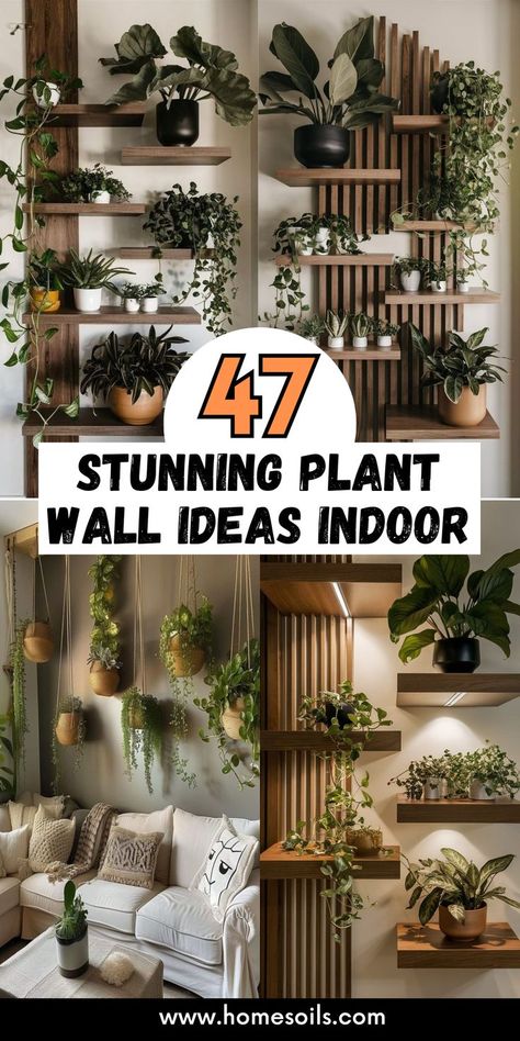 Bring nature indoors with 47 stunning plant wall ideas! From lush vertical gardens to chic hanging displays, transform your space into a green oasis. Visit our site for more inspiration! Wall Shelf For Plants Indoor, Diy Indoor Garden Wall, Slat Wall For Plants, Shelving With Plants, Plant Wall For Bathroom, Living Room Wall Plants, Living Room Plant Wall Decor Ideas, Hanging Plant Display Indoor, Wall Terrarium Ideas