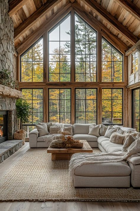 29 Small Cabin Decor Ideas for Creating a Relaxing Hideaway 1 Cabin With Large Windows, Modern Cabin Interior Living Room, Cabin With Lots Of Windows, Big Cozy Living Room, Mountain Home Interiors Cozy Cabin, A Frame Living Room, Small Cabin Interiors Cozy, Contemporary Cabin Interior, Cozy Small Cabin