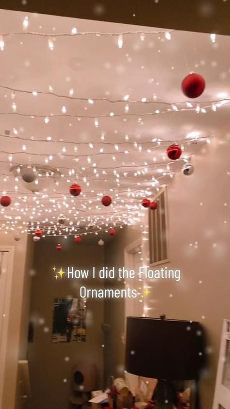 Cute Cheap Christmas Decorations, Christmas Decor For Apartments Small Spaces, Holiday Apartment Decor Ideas, What To Do With Christmas Lights, Indoor Christmas Decorations Hallway, Hallway Decor Christmas, Christmas Decor Ceiling Ideas, Christmas Inspo Decor Apartment, Bedroom Christmas Lights Ideas