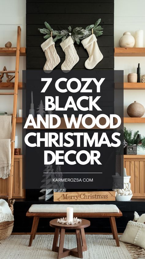 Combine natural wood textures with dark hues for a festive yet grounded vibe. Add subtle Christmas elements like rustic ornaments, wooden trees, and warm lighting. Keywords: black and wood living room, Christmas decor, Scandinavian living room style. Modern Black Christmas Decor, Black And Brown Christmas Decor, Black And Natural Wood Decor, Black Fireplace Christmas, Wood Living Room Ideas, Black And Wood Living Room, Outside Christmas Tree, Christmas Decor For Kids, Christmas Decor Scandinavian