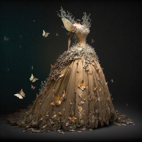 Sun Themed Ball Gown, Mythical Ball Gowns, Fairy Evening Gown, White And Gold Ballgown, Butterfly Inspired Gown, Sun Ballgown, Garden Of Time Theme Dress, Fae Ballgown, Butterfly Dress Gowns