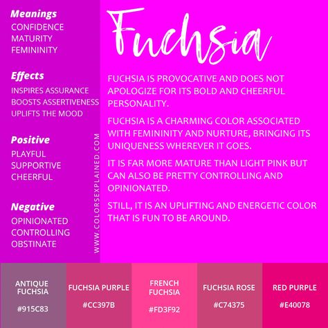 Meaning of the Color Fuchsia And Its Symbolism (2023) Fuchsia Color Combination, What Do Colors Mean, Vibrant Academia, Color In Film, Colour Psychology, Playful Palette, Color Healing, Color Symbolism, Hex Color Palette