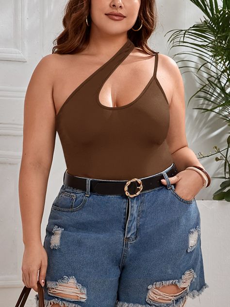 Plus One Shoulder Cut Out Bodysuit Plus Size Bodysuit Outfit, Plus Size Crop Top, Plus Size Bodysuit, Plus Size Baddie, Cut Out Bodysuit, Plus Size Baddie Outfits, Body Suit Outfits, Cutout Bodysuit, Everyday Basics