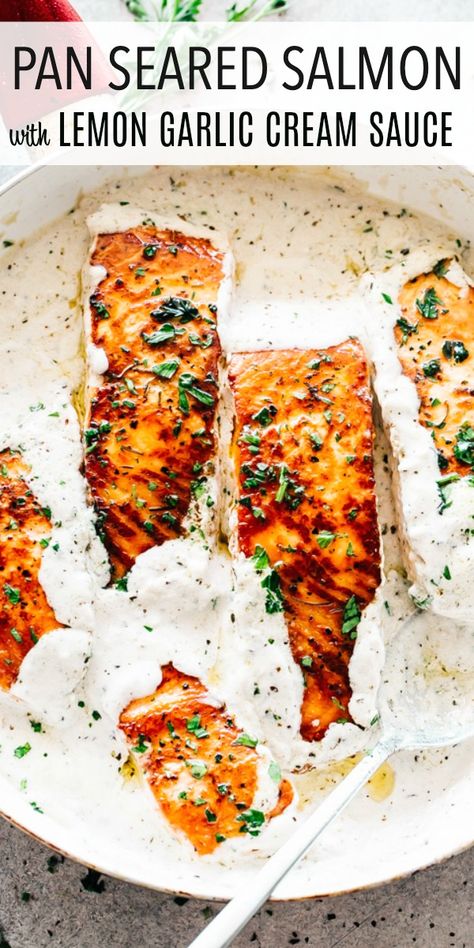 Salmon With Cream Sauce Over Rice, Creamy Salmon Recipes, Lemon Garlic Cream Sauce, Salmon Recipe Pan, Decadent Cheesecake, Seared Salmon Recipes, Creamy Salmon, Recipe With Lemon, Salmon Recipes Pan Seared