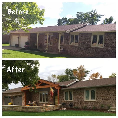 1970's before and after Ranch style exterior update Ranch Style Home Remodel Before After, 1970s Ranch House Exterior, Ranch House Additions Ideas, Ranch House Remodel Interior, Porch Beams, Brick Ranch Houses, Ranch House Remodel, Ranch House Exterior, Ranch Homes