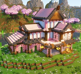 Minecraft Cherry Blossom Mansion Tutorial Cute Pink Minecraft House Vanilla, Cute Pink Minecraft House, Cherry Blossom Village, Cute Minecraft Houses Easy, Pretty Minecraft Houses, Minecraft Cherry Blossom House, Minecraft Build House, Big Minecraft Houses, Cherry Blossom House