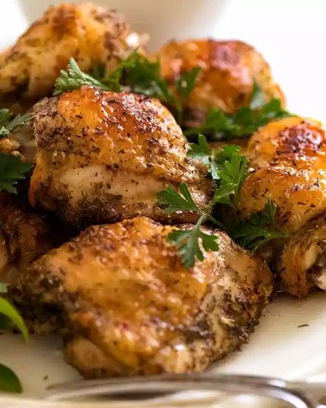 Oven Roasted Chicken Pieces Recipes, Gravy Baked Chicken, Herb Roasted Chicken Thighs, Roast Chicken Thigh Recipes, Herb Baked Chicken, Tin Eats, Crispy Baked Chicken Thighs, Chicken Gravy Recipe, Roast Chicken And Gravy